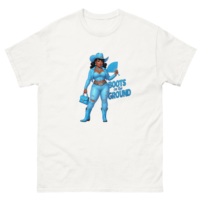 Boots on the Ground Tee – Light Blue Curvy Cowgirl Graphic #2 Women Tees Style Junction – Custom Digital Designs & Apparel