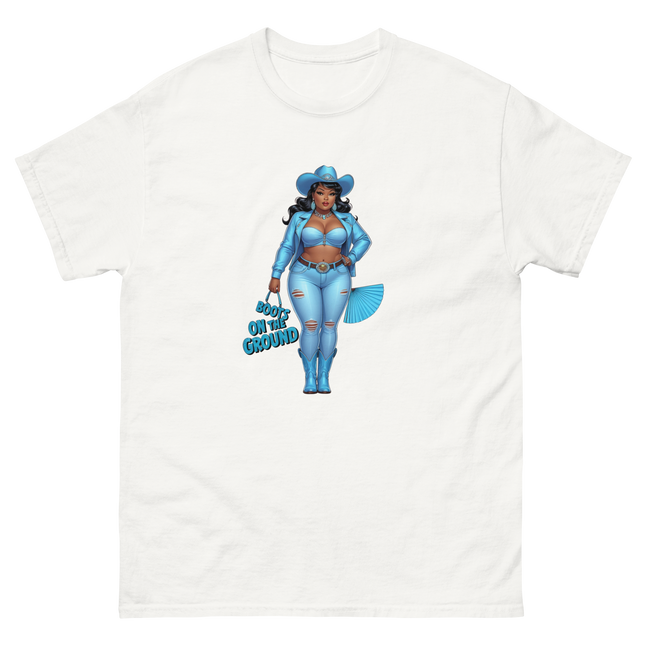 Boots on the Ground Tee – Light Blue Curvy Cowgirl Graphic #4 Women Tees Style Junction – Custom Digital Designs & Apparel