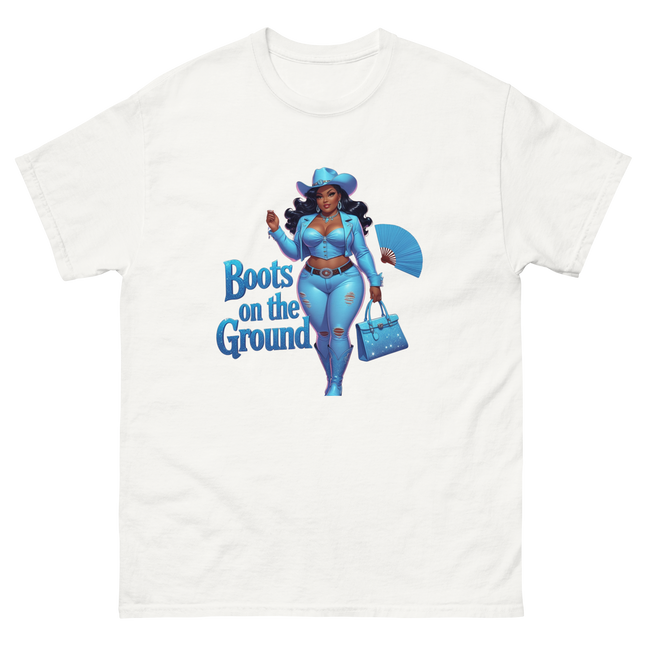 Boots on the Ground Tee – Light Blue Curvy Cowgirl Graphic #5 Women Tees Style Junction – Custom Digital Designs & Apparel