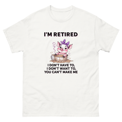 I'm Retired Tee – Funny Pig in Mug Graphic with Sassy Quote #2 Women Tees Style Junction – Custom Digital Designs & Apparel White S