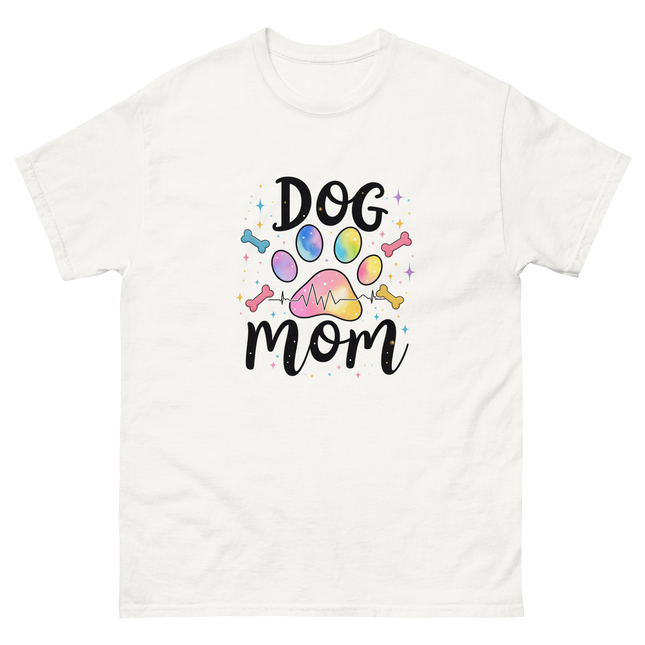 Pastel Rainbow Dog Mom Tee – Heartbeat Pet Lover Print Women Tees Style Junction – Custom Digital Designs & Apparel White S