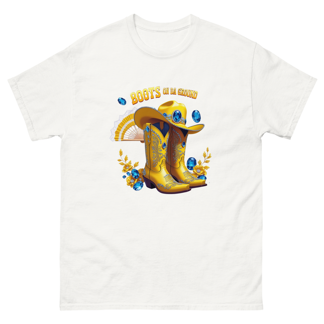Golden Western Tee – Yellow Floral Boots on Da Ground Women Tees Style Junction – Custom Digital Designs & Apparel
