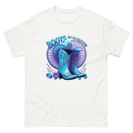 Sparkling Cowgirl Tee – Lavender Fan & Blue Boot Look Women Tees Style Junction – Custom Digital Designs & Apparel