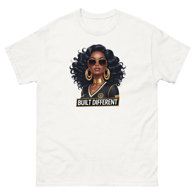 Built Different Tee – Bold Black Art, Gold Statement Style #1 Women Tees Style Junction – Custom Digital Designs & Apparel White S