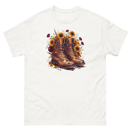 Rustic Fall Combat Boots with Sunflowers Graphic Tee #1 Women Tees Style Junction – Custom Digital Designs & Apparel