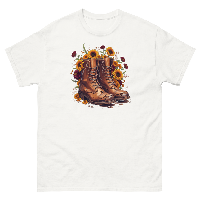 Rustic Fall Combat Boots with Sunflowers Graphic Tee #1 Women Tees Style Junction – Custom Digital Designs & Apparel