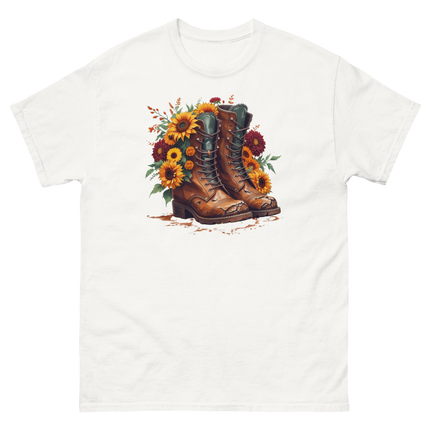 Rustic Fall Combat Boots with Sunflowers Graphic Tee #2 Women Tees Style Junction – Custom Digital Designs & Apparel