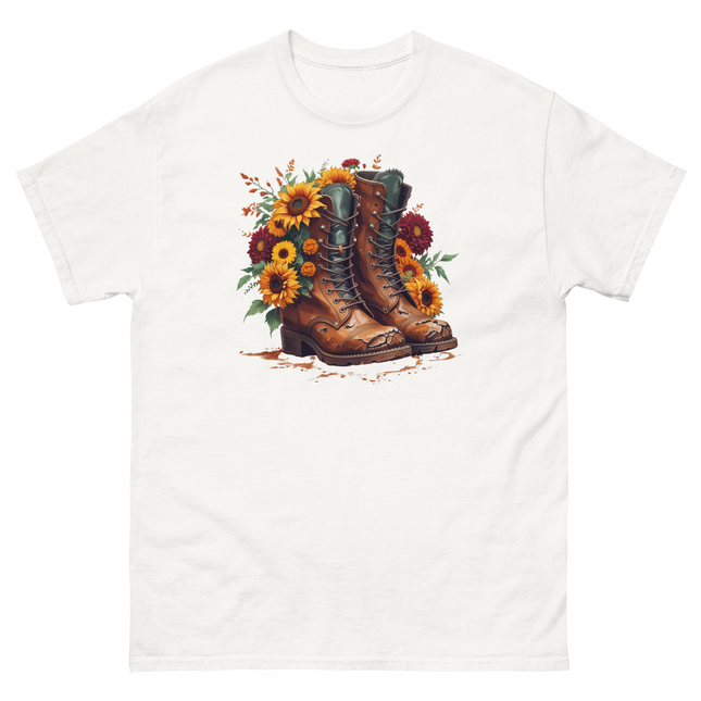 Rustic Fall Combat Boots with Sunflowers Graphic Tee #2 Women Tees Style Junction – Custom Digital Designs & Apparel