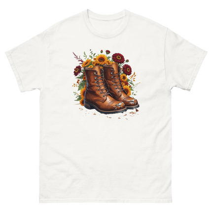 Rustic Fall Combat Boots with Sunflowers Graphic Tee #3 Women Tees Style Junction – Custom Digital Designs & Apparel