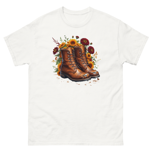 Rustic Fall Combat Boots with Sunflowers Graphic Tee #3 Women Tees Style Junction – Custom Digital Designs & Apparel