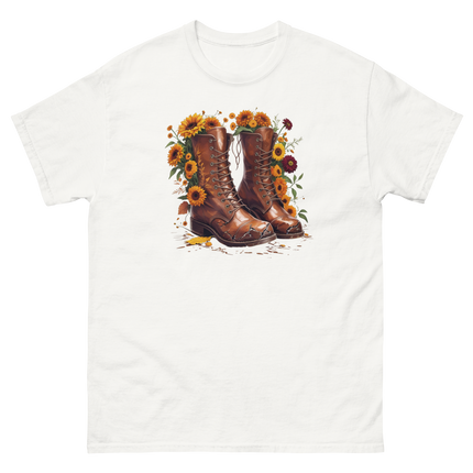 Rustic Fall Combat Boots with Sunflowers Graphic Tee #4 Women Tees Style Junction – Custom Digital Designs & Apparel
