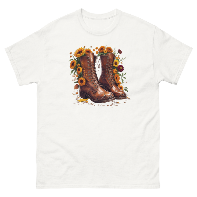 Rustic Fall Combat Boots with Sunflowers Graphic Tee #4 Women Tees Style Junction – Custom Digital Designs & Apparel