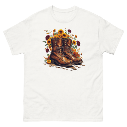 Rustic Fall Combat Boots with Sunflowers Graphic Tee #5 Women Tees Style Junction – Custom Digital Designs & Apparel