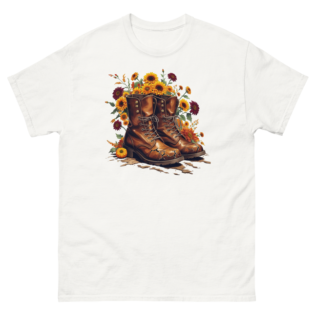 Rustic Fall Combat Boots with Sunflowers Graphic Tee #5 Women Tees Style Junction – Custom Digital Designs & Apparel