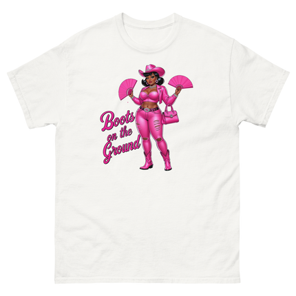 Pink Glam Cowgirl Tee – Boots on the Ground Graphic Shirt #1 Women Tees Style Junction – Custom Digital Designs & Apparel