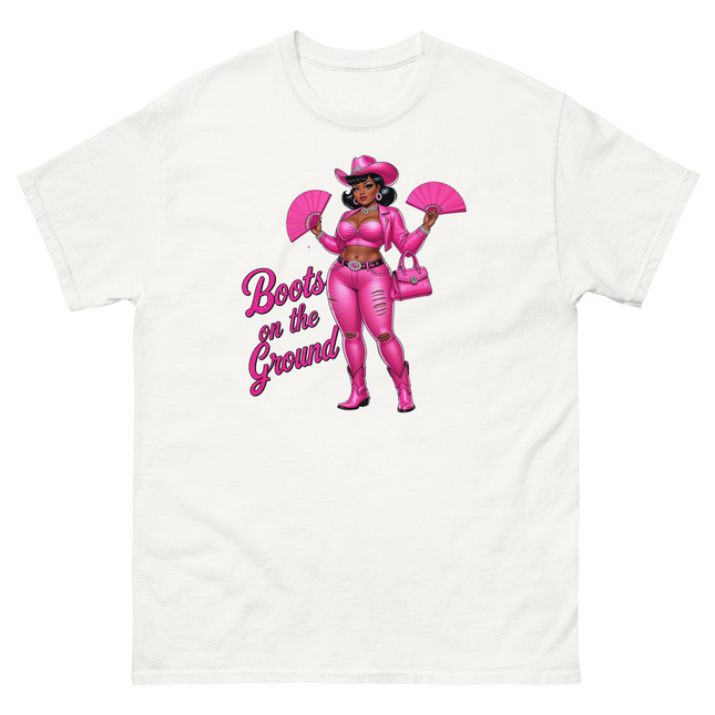 Pink Glam Cowgirl Tee – Boots on the Ground Graphic Shirt #1 Women Tees Style Junction – Custom Digital Designs & Apparel