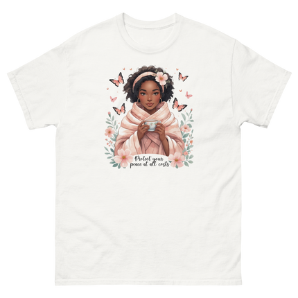 Protect Your Peace Tee – Floral Afro Soft Aesthetic Design #1 Women Tees Style Junction – Custom Digital Designs & Apparel White S