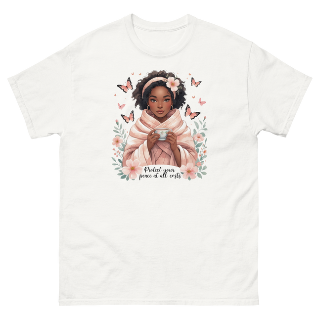 Protect Your Peace Tee – Floral Afro Soft Aesthetic Design #1 Women Tees Style Junction – Custom Digital Designs & Apparel White S