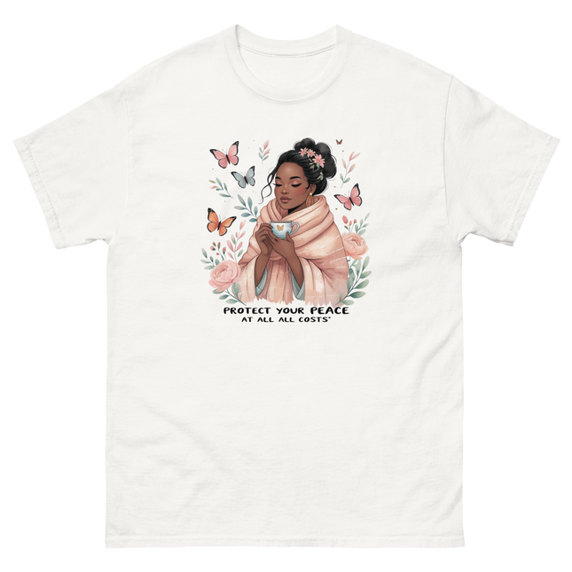 Protect Your Peace Tee – Floral Afro Soft Aesthetic Design #2 Women Tees Style Junction – Custom Digital Designs & Apparel White S
