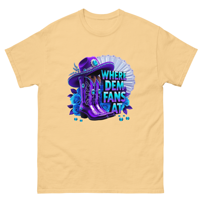 Where Dem Fans At Tee – Bold Purple Cowgirl Energy Women Tees Style Junction – Custom Digital Designs & Apparel Yellow Haze S