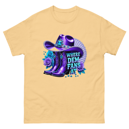Where Dem Fans At Tee – Luxe Blue & Violet Fan Vibe Women Tees Style Junction – Custom Digital Designs & Apparel Yellow Haze S