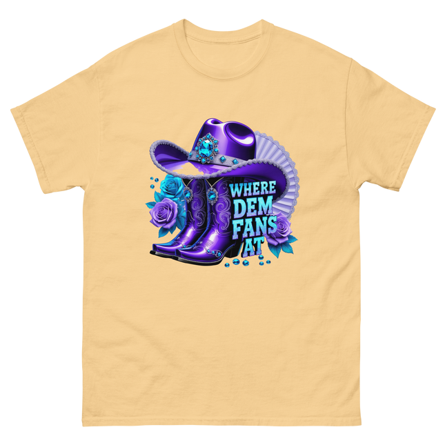 Where Dem Fans At Tee – Luxe Blue & Violet Fan Vibe Women Tees Style Junction – Custom Digital Designs & Apparel Yellow Haze S