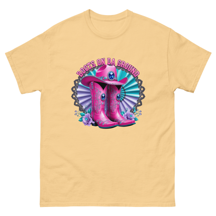Blinged Out Cowgirl Tee – Pink Boots on Da Ground Women Tees Style Junction – Custom Digital Designs & Apparel Yellow Haze S