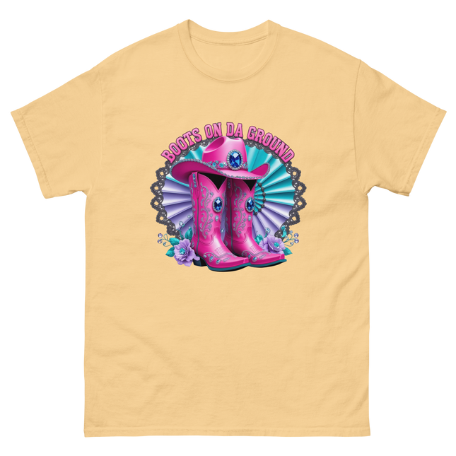 Blinged Out Cowgirl Tee – Pink Boots on Da Ground Women Tees Style Junction – Custom Digital Designs & Apparel Yellow Haze S