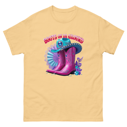 Boots on Da Ground Tee – Hot Pink with Fan Detail Women Tees Style Junction – Custom Digital Designs & Apparel Yellow Haze S