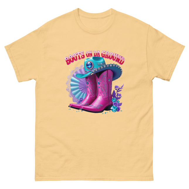 Boots on Da Ground Tee – Hot Pink with Fan Detail Women Tees Style Junction – Custom Digital Designs & Apparel Yellow Haze S