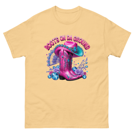 Bold Cowgirl Tee – Aqua Hat & Pink Boots Combo Women Tees Style Junction – Custom Digital Designs & Apparel Yellow Haze S