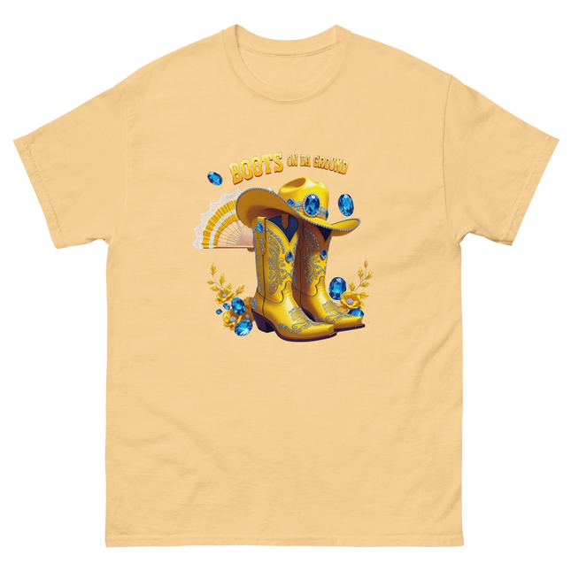 Golden Western Tee – Yellow Floral Boots on Da Ground Women Tees Style Junction – Custom Digital Designs & Apparel