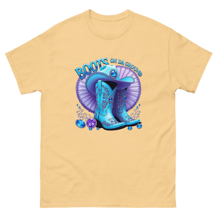 Sparkling Cowgirl Tee – Lavender Fan & Blue Boot Look Women Tees Style Junction – Custom Digital Designs & Apparel