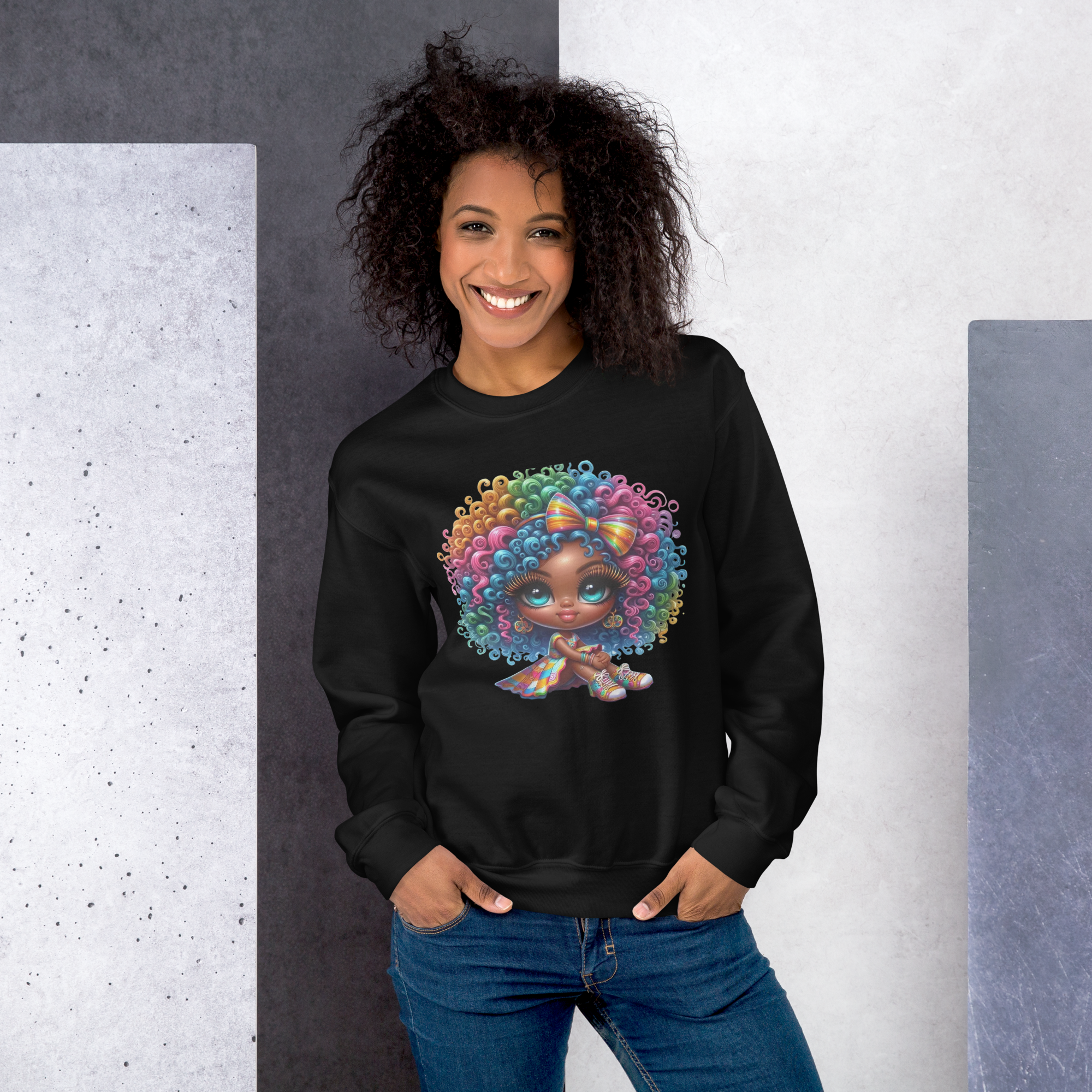 Rainbow Curls Doll Women's Sweatshirt - Pre-Shrunk Classic Fit with Ribbed Collar Physical Sweatshirt Style-Junction Black S