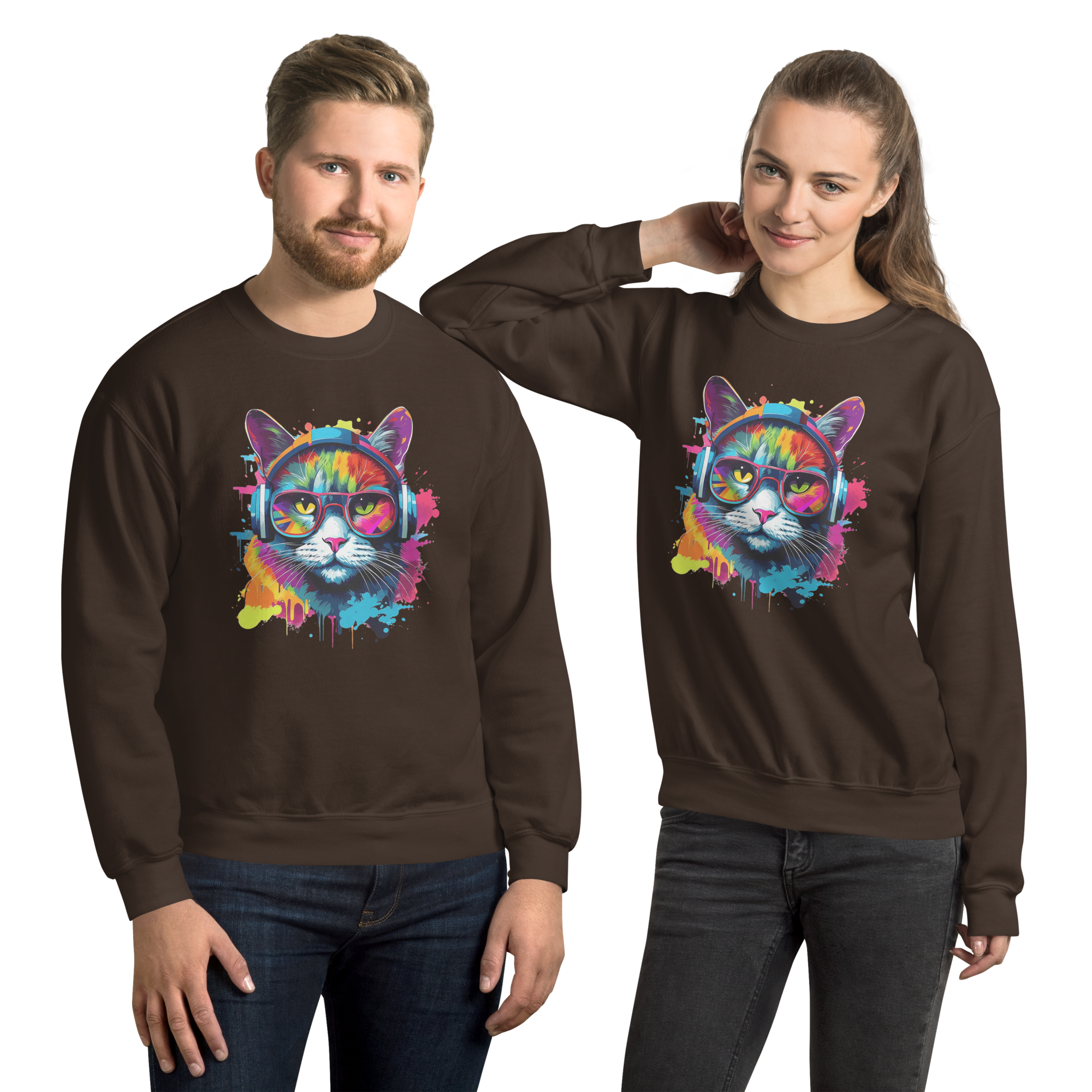 Vibrant DJ Cat Unisex Sweatshirt - Premium Softness and Long-Lasting Comfort Physical Sweatshirt Style-Junction Dark Chocolate S