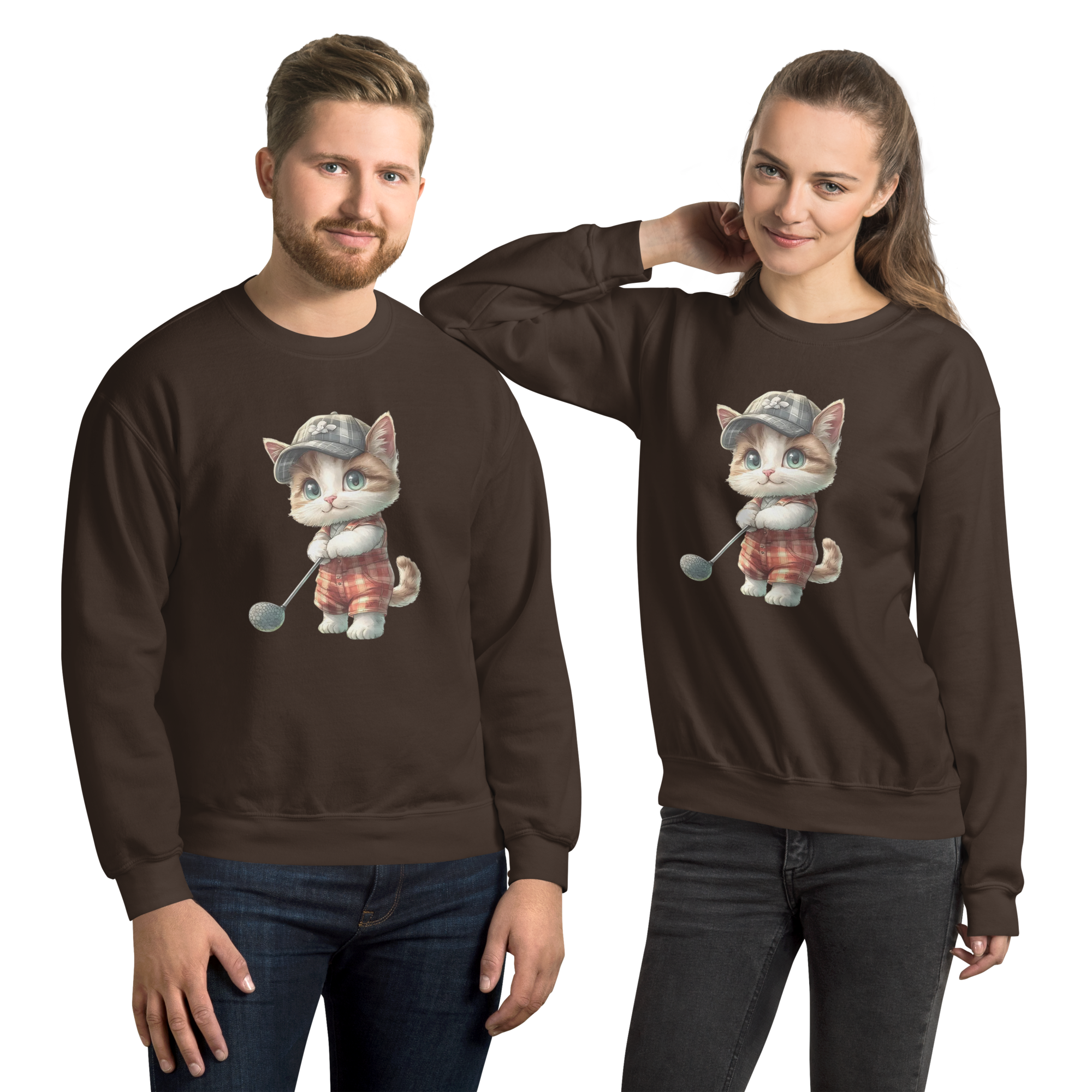 Golfing Kitty Charm Unisex Sweatshirt - Soft, Sturdy, and Perfect for Cold Weather Physical Sweatshirt Style-Junction Dark Chocolate S