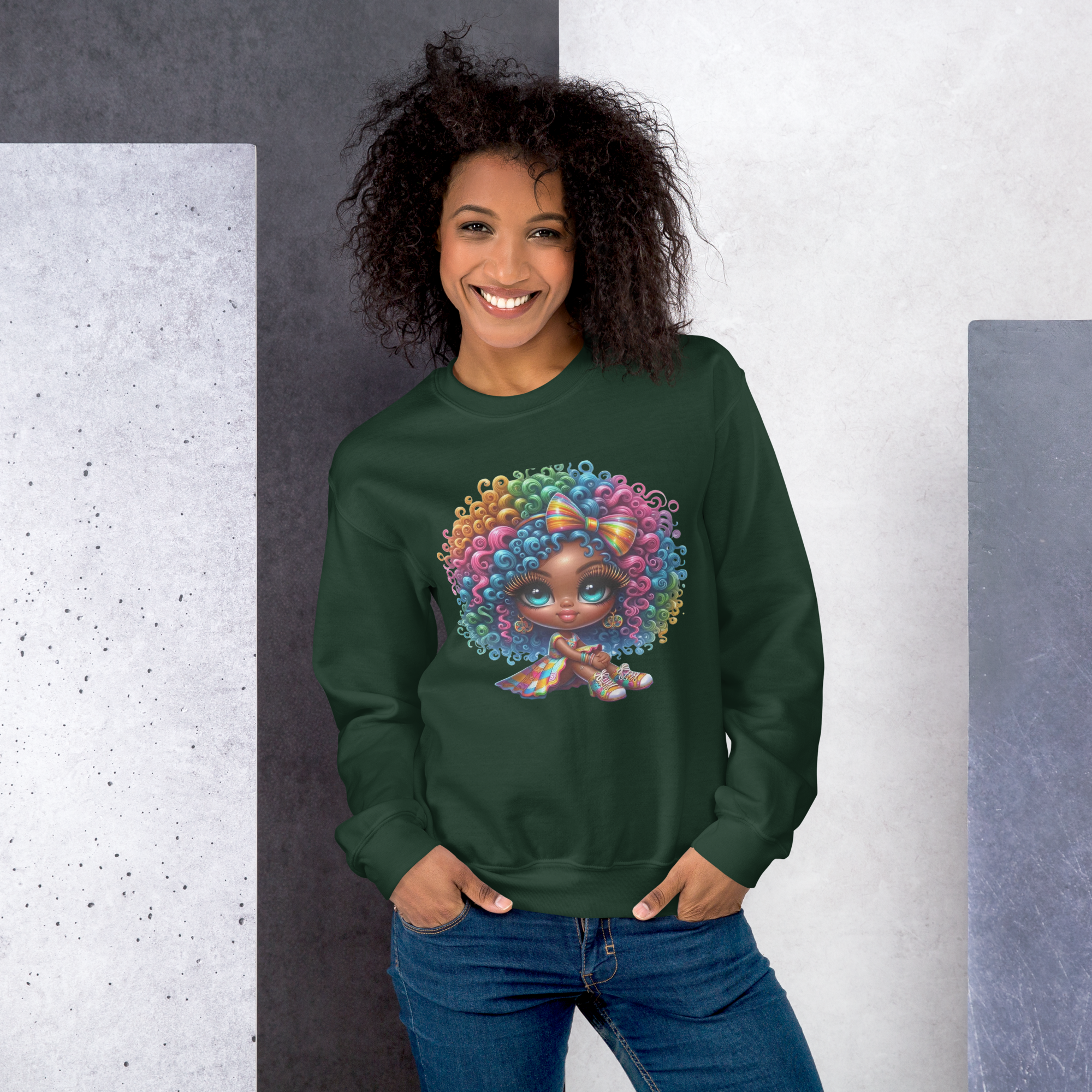 Rainbow Curls Doll Women's Sweatshirt - Pre-Shrunk Classic Fit with Ribbed Collar Physical Sweatshirt Style-Junction Forest Green S