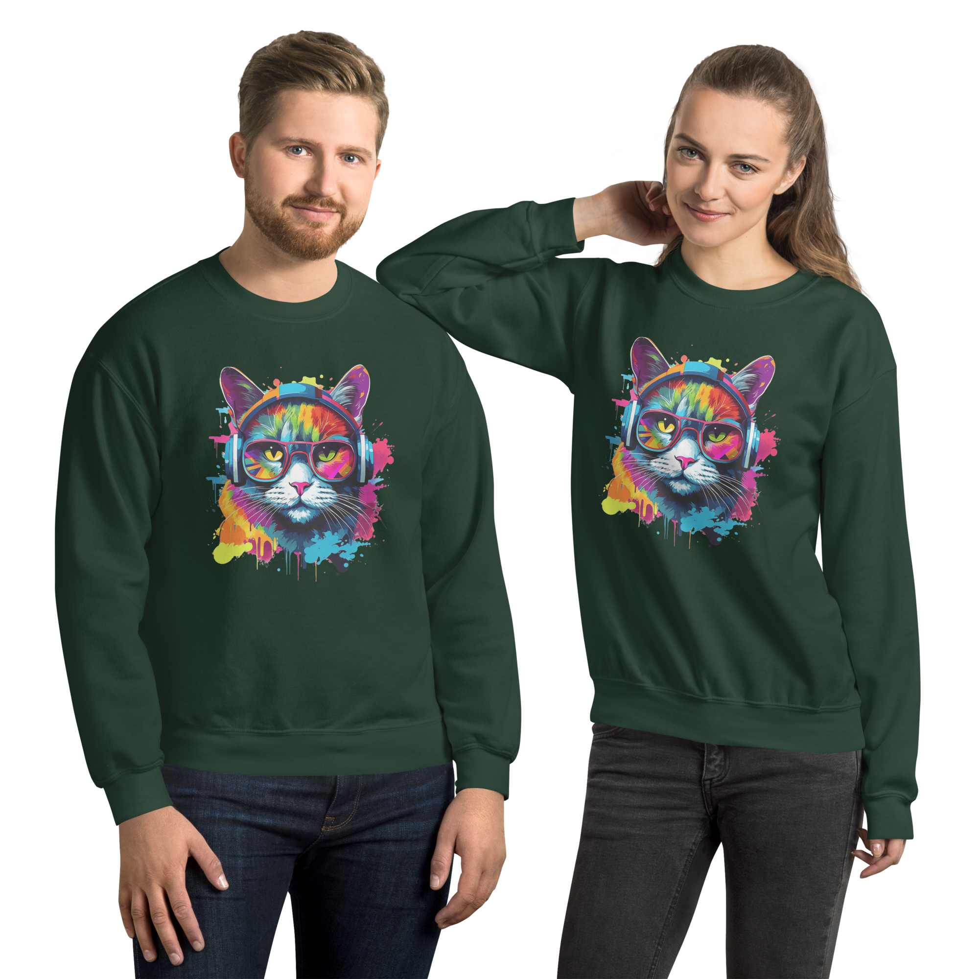 Vibrant DJ Cat Unisex Sweatshirt - Premium Softness and Long-Lasting Comfort Physical Sweatshirt Style-Junction Forest Green S