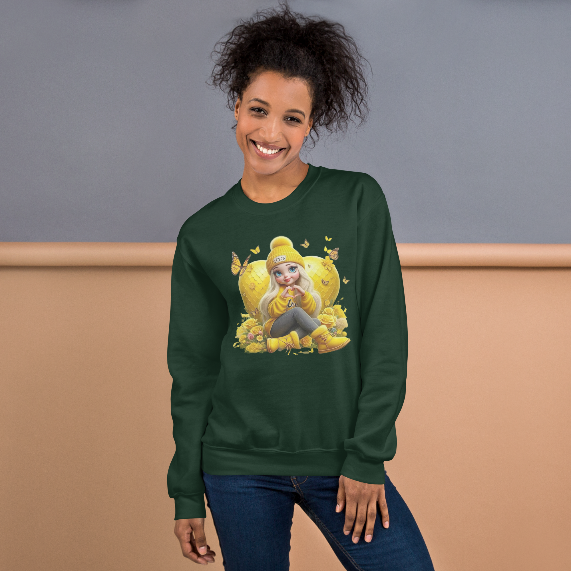 Golden Love Blossom Women's Sweatshirt - Premium Quality Cotton-Polyester Blend Physical Sweatshirt Style-Junction Forest Green S