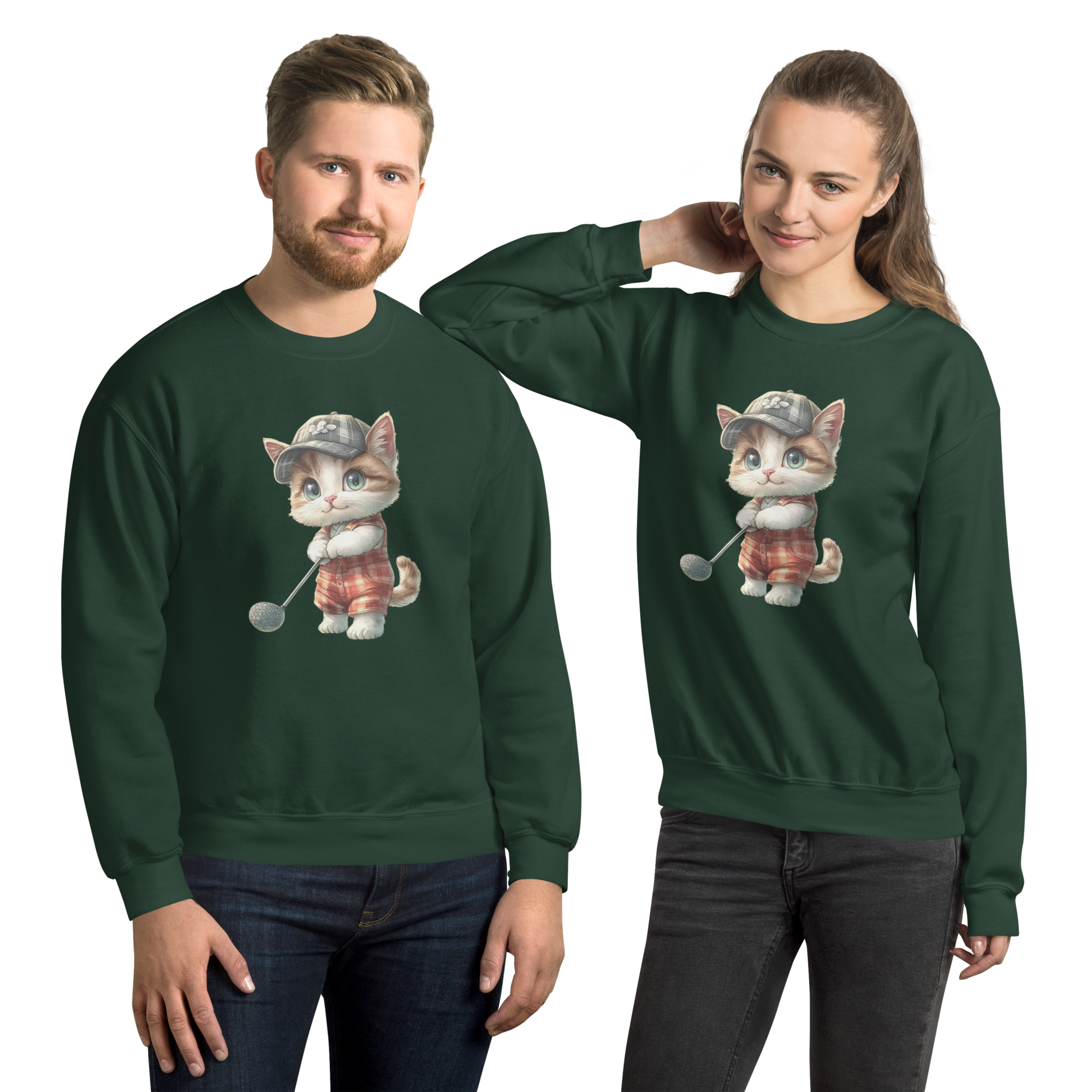 Golfing Kitty Charm Unisex Sweatshirt - Soft, Sturdy, and Perfect for Cold Weather Physical Sweatshirt Style-Junction Forest Green S