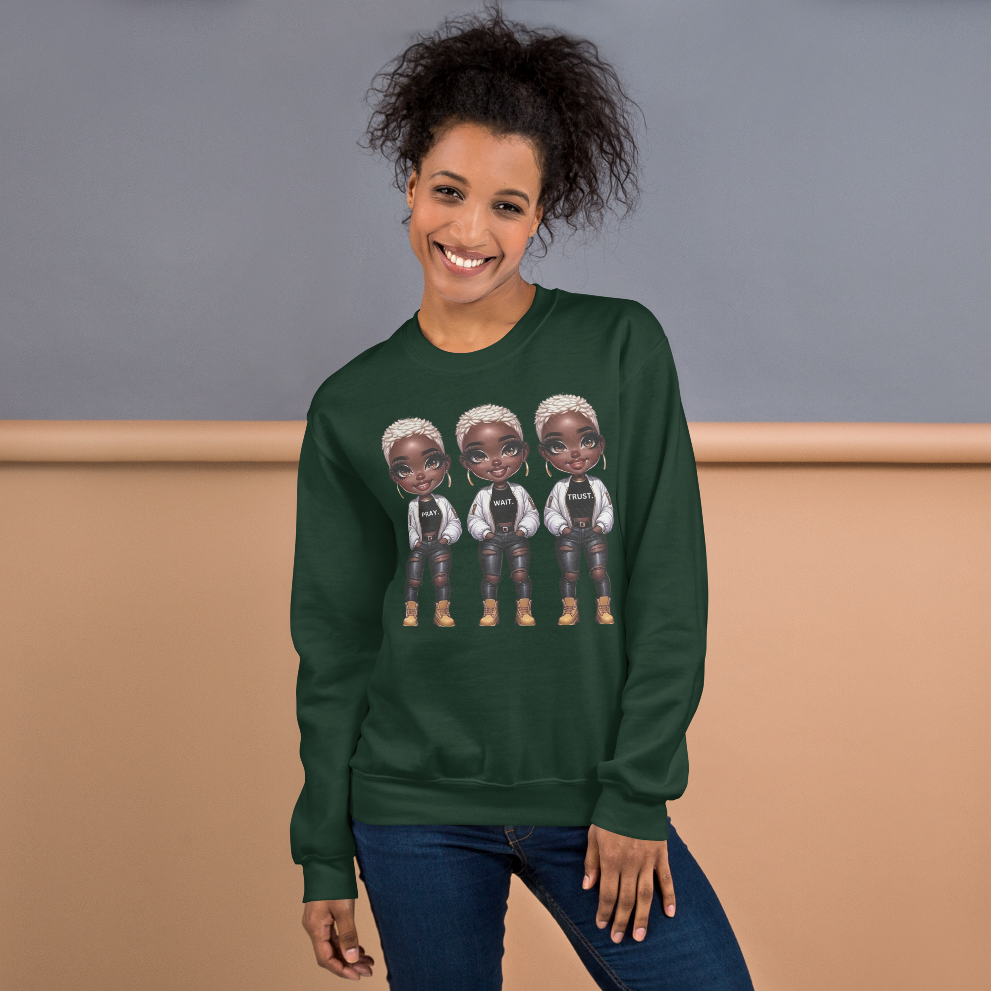 Pray. Wait. Trust. Trio Women's Sweatshirt Physical Sweatshirt Style-Junction Forest Green S