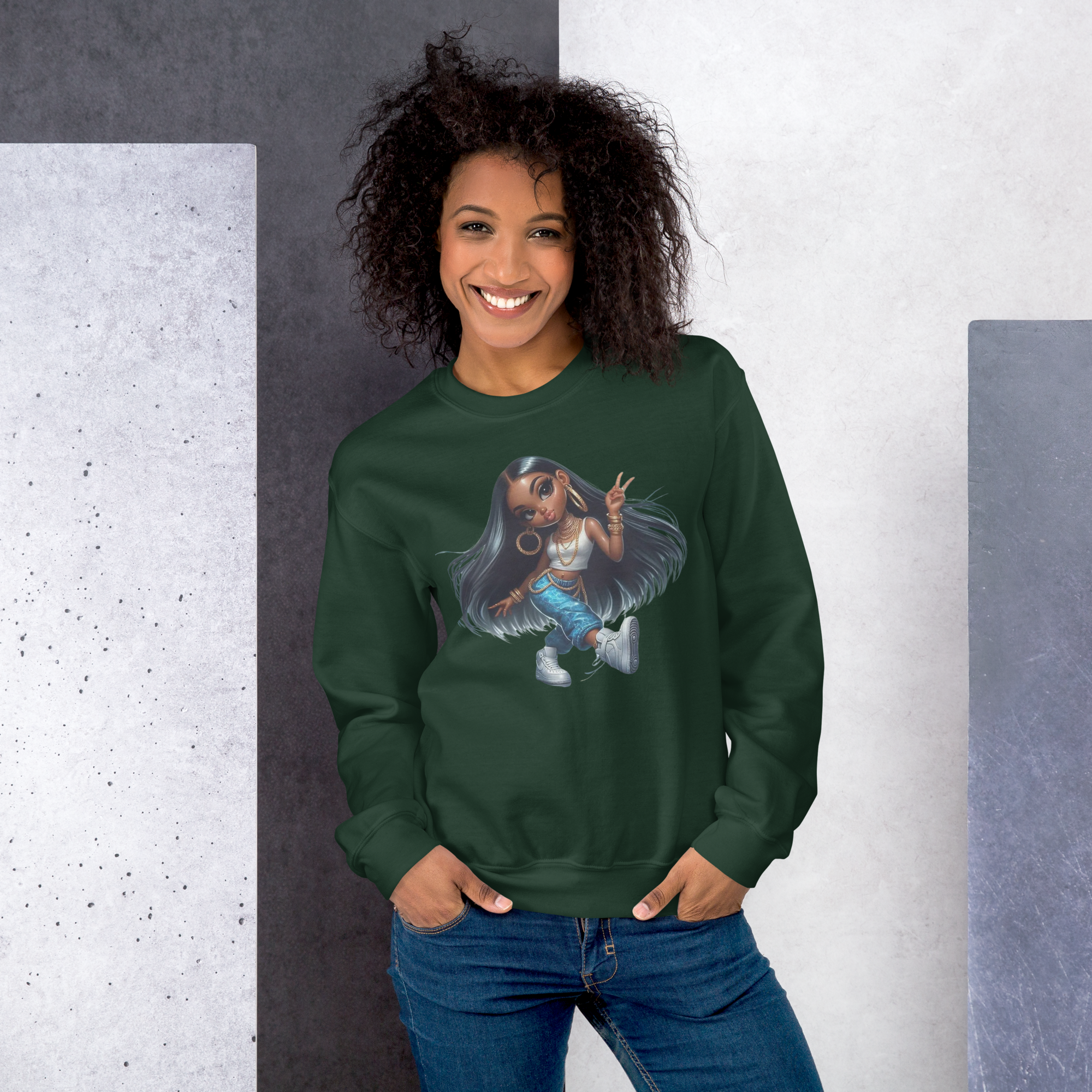 Urban Glam Peace Pose Illustration Women's Sweatshirt Physical Sweatshirt Style-Junction Forest Green S