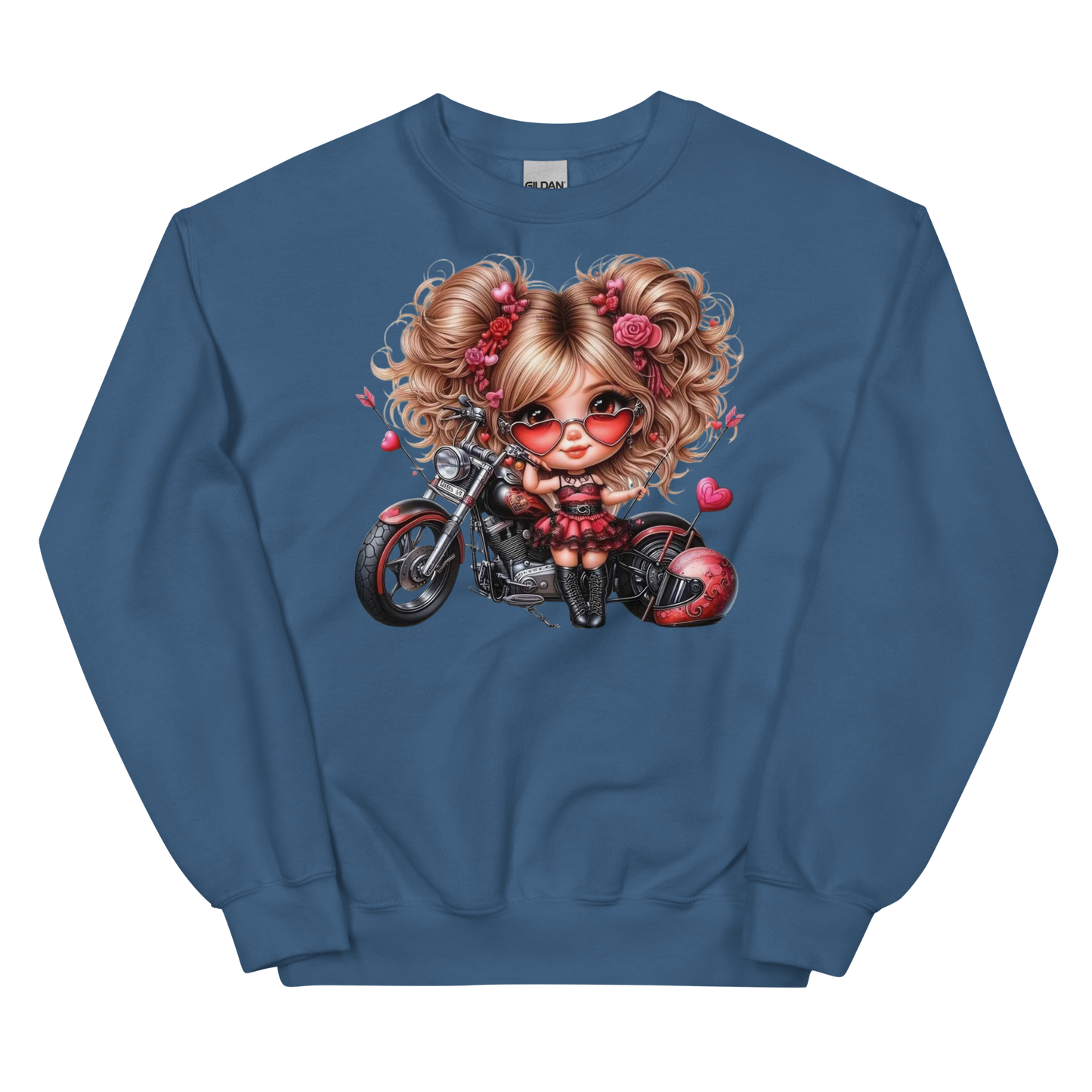 Valentine's Biker Babe Women's Sweatshirt Physical Sweatshirt Style-Junction Custom Designs & Prints Indigo Blue S