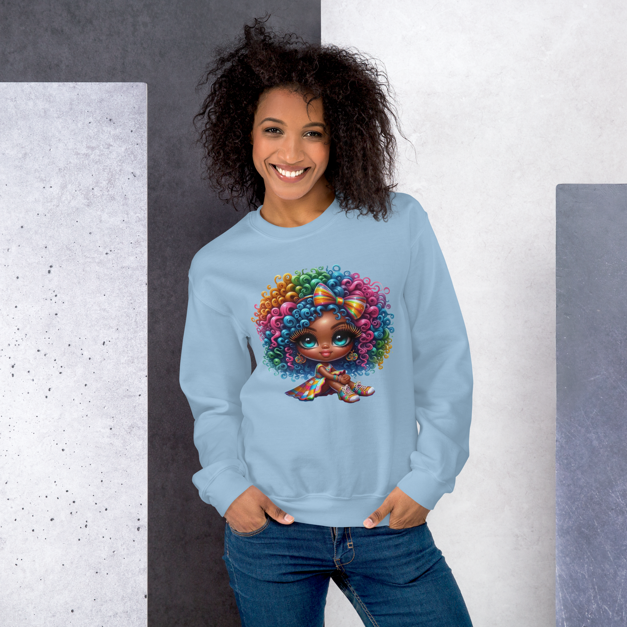 Rainbow Curls Doll Women's Sweatshirt - Pre-Shrunk Classic Fit with Ribbed Collar Physical Sweatshirt Style-Junction