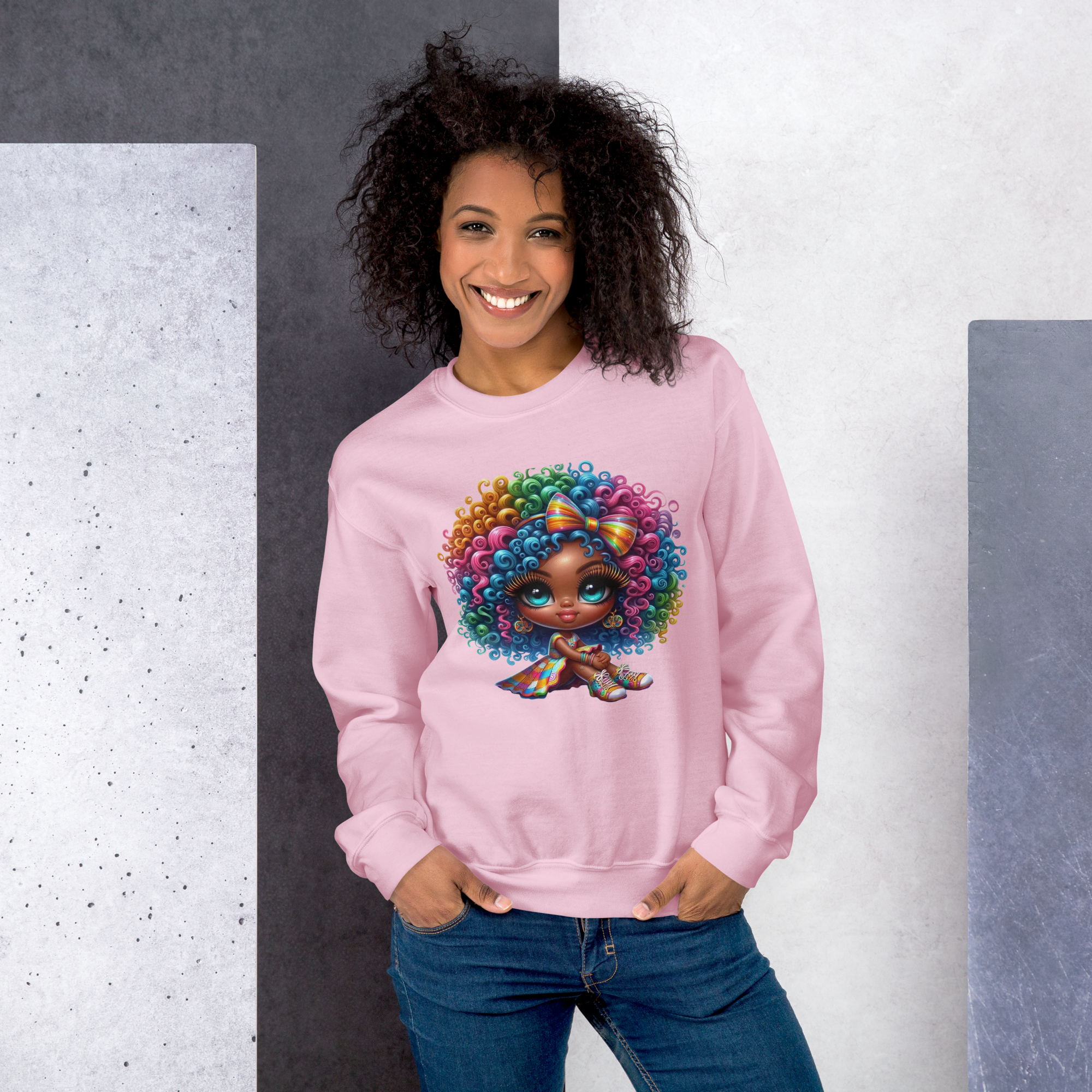 Rainbow Curls Doll Women's Sweatshirt - Pre-Shrunk Classic Fit with Ribbed Collar Physical Sweatshirt Style-Junction