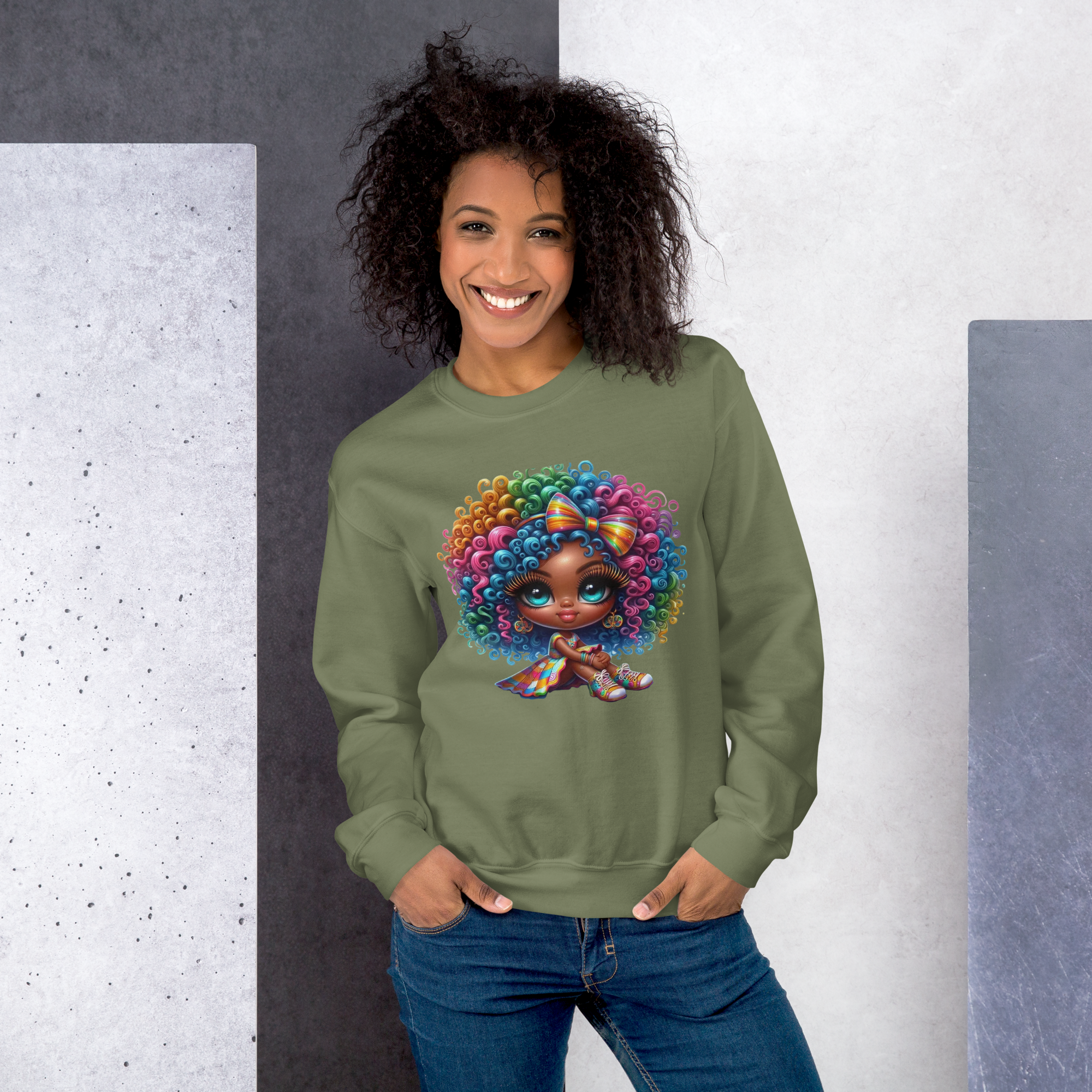 Rainbow Curls Doll Women's Sweatshirt - Pre-Shrunk Classic Fit with Ribbed Collar Physical Sweatshirt Style-Junction