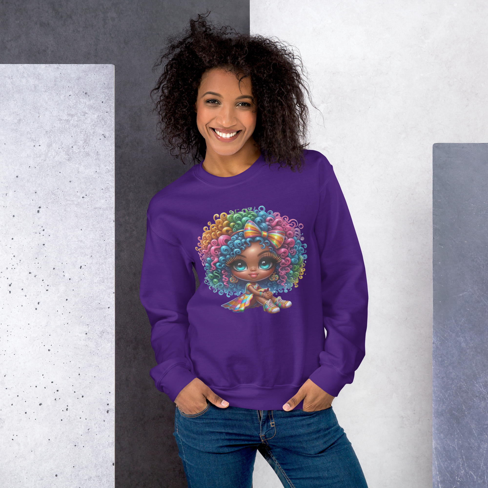 Rainbow Curls Doll Women's Sweatshirt - Pre-Shrunk Classic Fit with Ribbed Collar Physical Sweatshirt Style-Junction Purple S