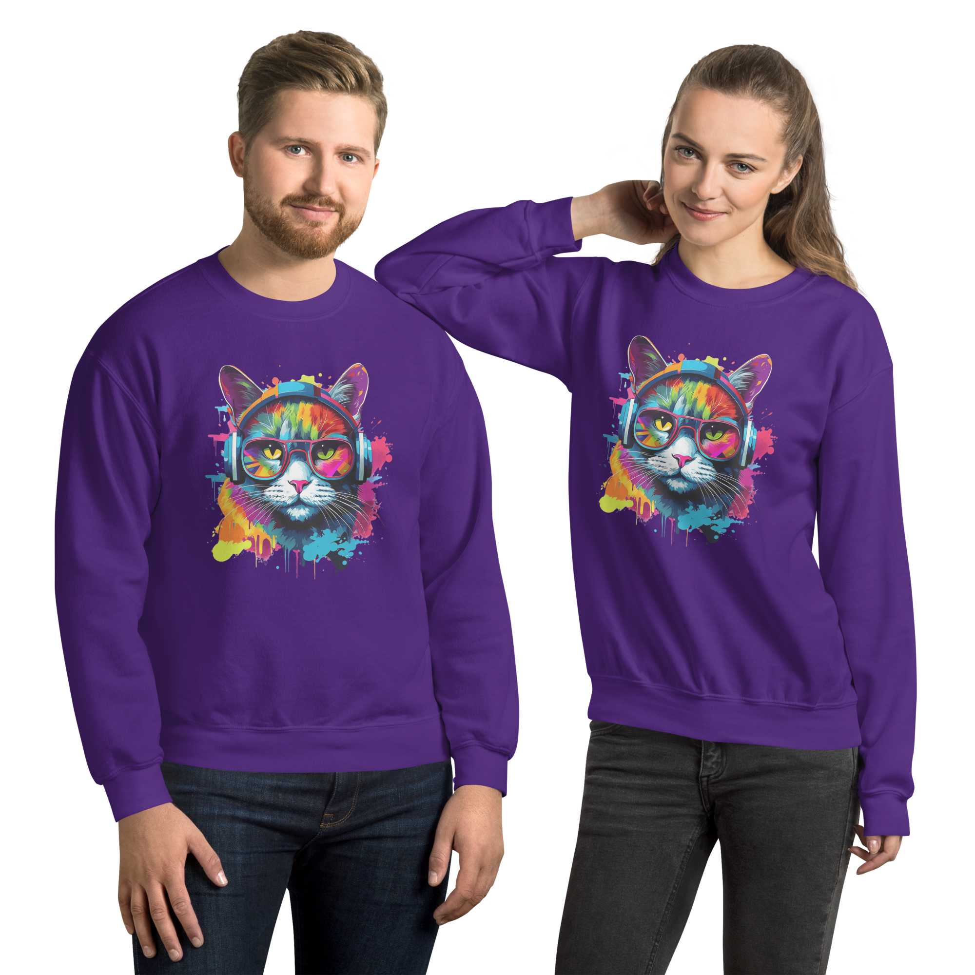 Vibrant DJ Cat Unisex Sweatshirt - Premium Softness and Long-Lasting Comfort Physical Sweatshirt Style-Junction Purple S