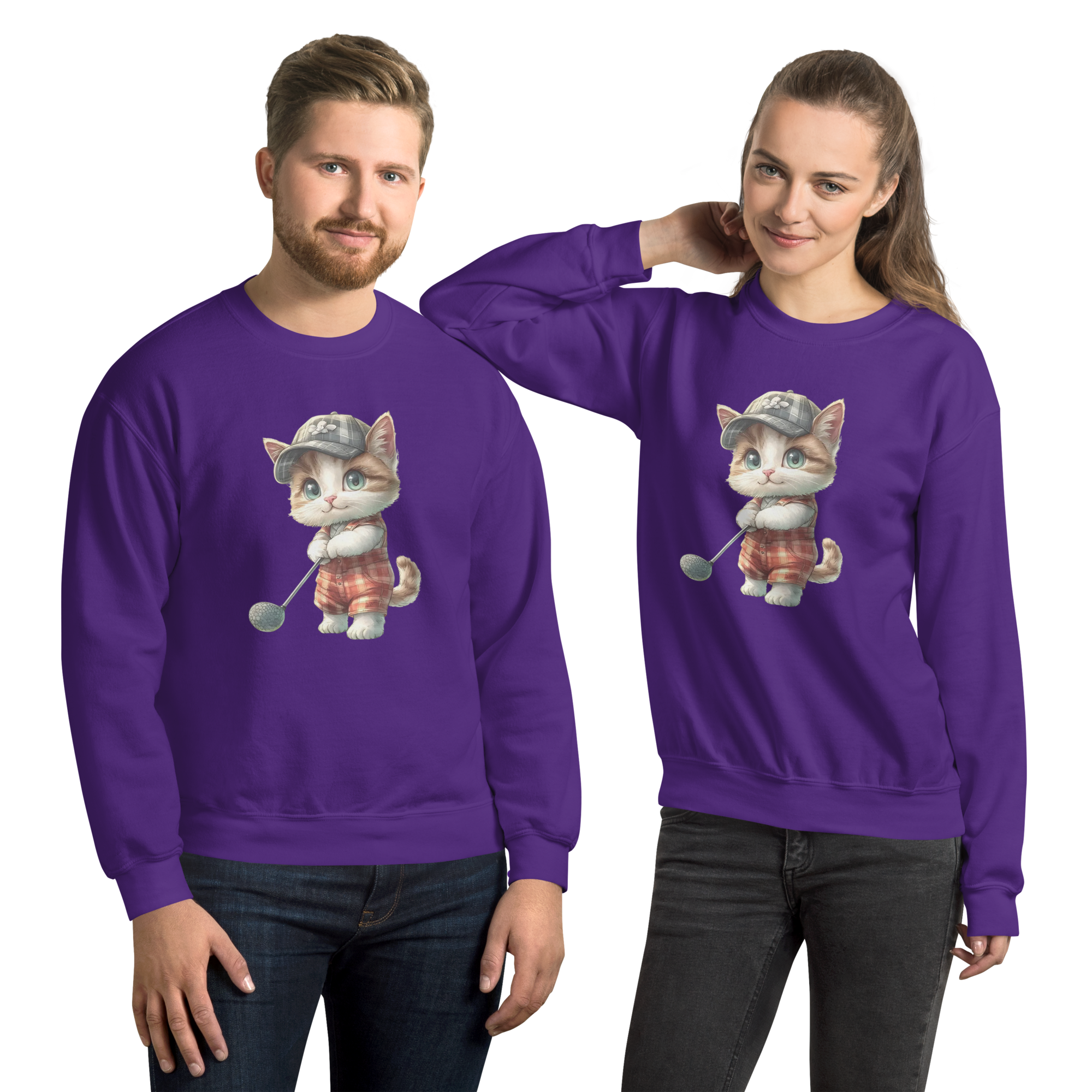 Golfing Kitty Charm Unisex Sweatshirt - Soft, Sturdy, and Perfect for Cold Weather Physical Sweatshirt Style-Junction Purple S