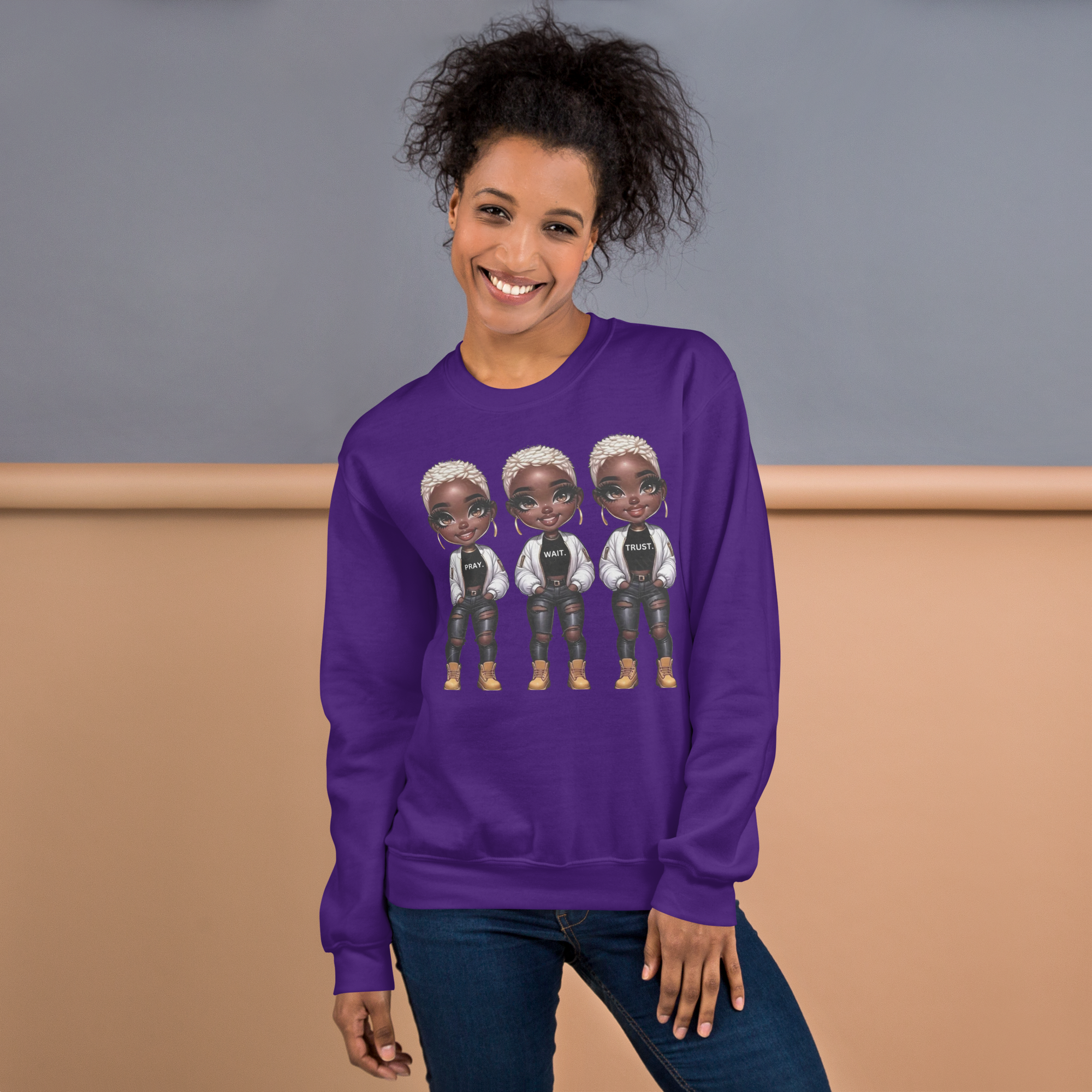 Pray. Wait. Trust. Trio Women's Sweatshirt Physical Sweatshirt Style-Junction Purple S